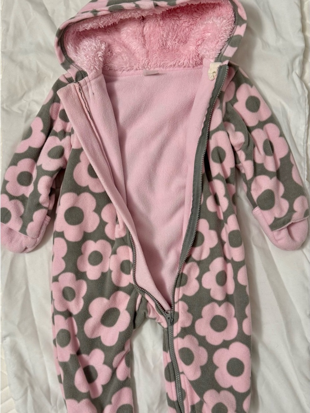 Carter's Pink and Gray Floral Hooded Fleece One-Piece